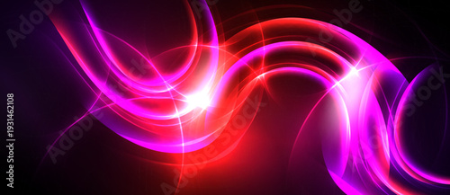 Abstract vibrant energy flows. Bright pink, red hues dominate dark background. Dynamic curves create luminous spectacle.