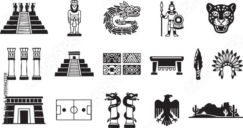 Mesoamerican mythology icons with feathered serpent and eagle symbols