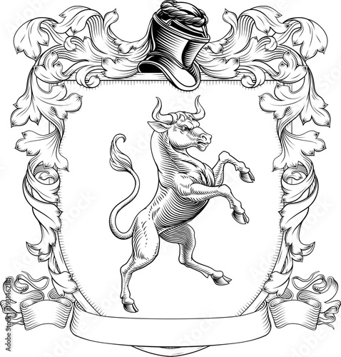 Bull coat of arms or crest family heraldry medieval heraldic knight shield with helmet and acanthus filigree scroll ornament. In a vintage woodcut style.