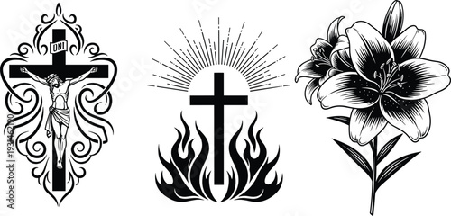 Three black and white religious symbols including a cross with ornate a cross with sun rays and flames, and a lily flower