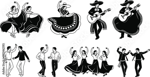 Black and white of people dancing and playing guitar in traditional attire