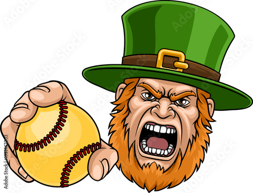 An angry Leprechaun Celtic Irish cartoon character holding Softball ball sports team mascot illustration.