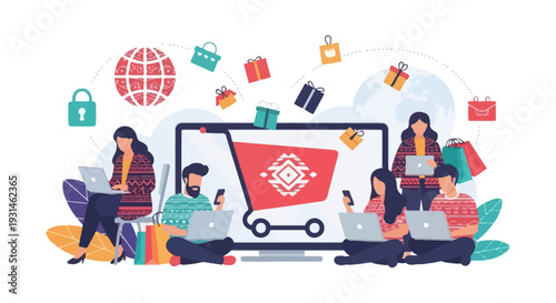 Global E-commerce Shopping: People Safely Buying Online with Laptops & Mobile Phones