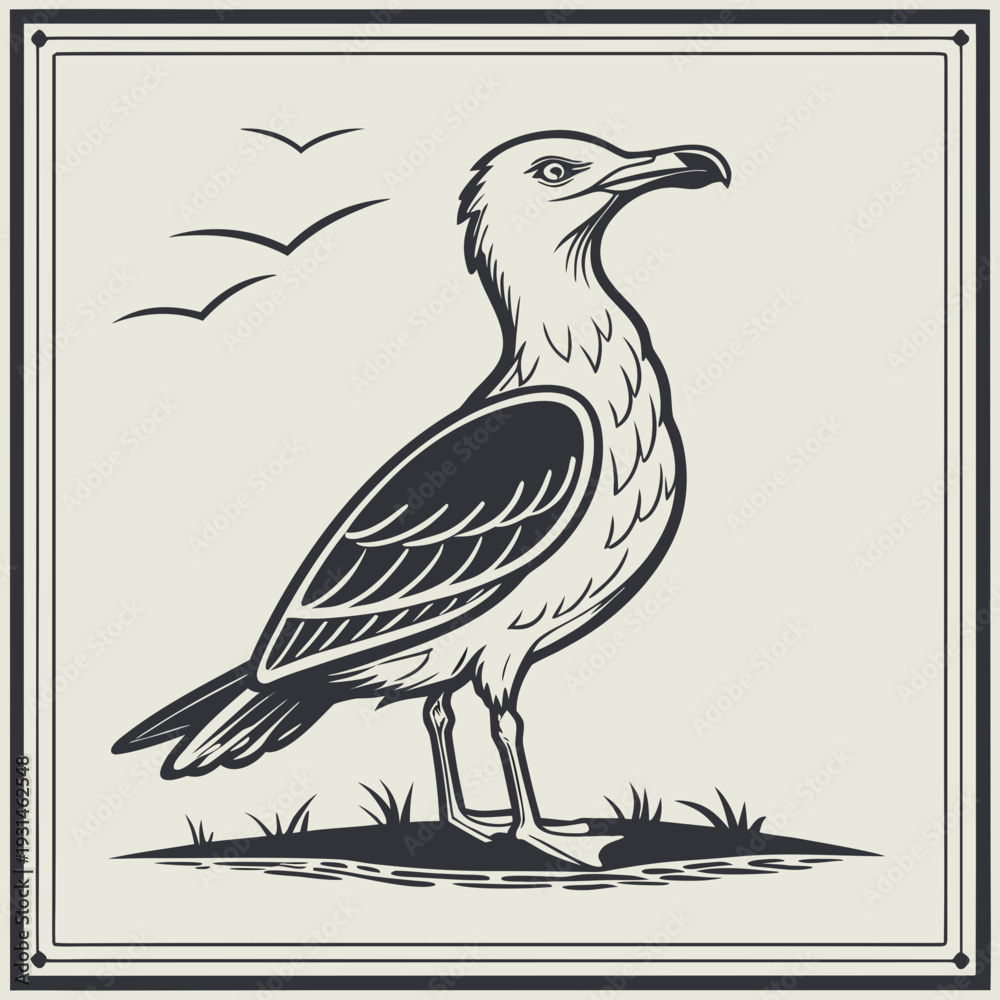 Fototapeta premium Seagull standing on grass with other birds flying in the background.