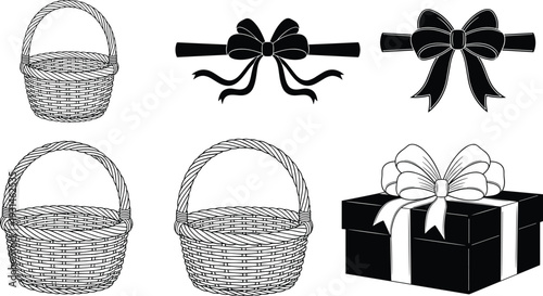 Three wicker baskets and two ribbon bow tied on a black gift box in monochrome line ribbon bows line monochrome