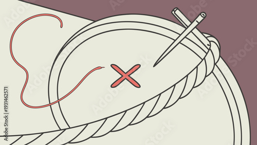 Sewing needle and thread creating a cross stitch.