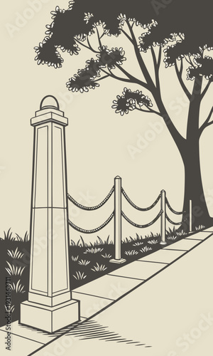 Stone bollard and rope fence along a sidewalk with a tree.