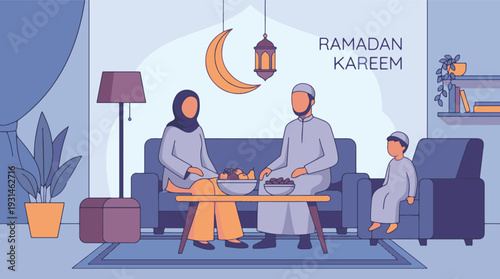 Muslim family celebrating Ramadan Kareem at home with traditional food