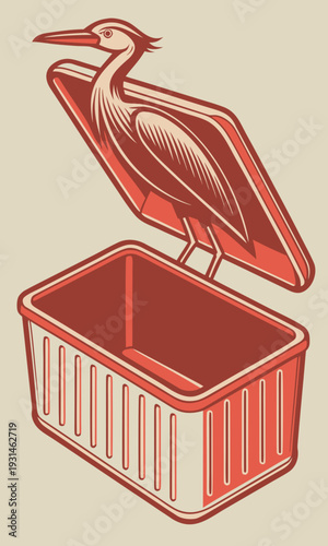 Stork standing on an open red container a unique and eyecatching illustration.
