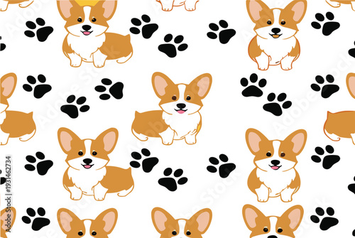 Cute Corgi Puppy Seamless Pattern with Paw Prints Adorable Dog Cartoon Vector Background Design
