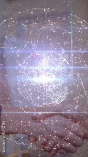 Vertical video: Two women shaking hands in business, contact creating pulsing globe finalizing deal