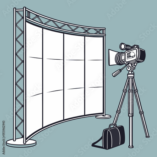 Video camera and curved screen for filming production.