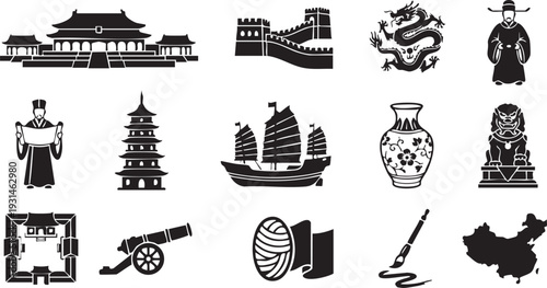 Ancient chinese culture symbols with great wall of china, traditional buildings, pagoda, dragon, junk boat, ancient vase, foo dog, map of china, cannon, brush painting
