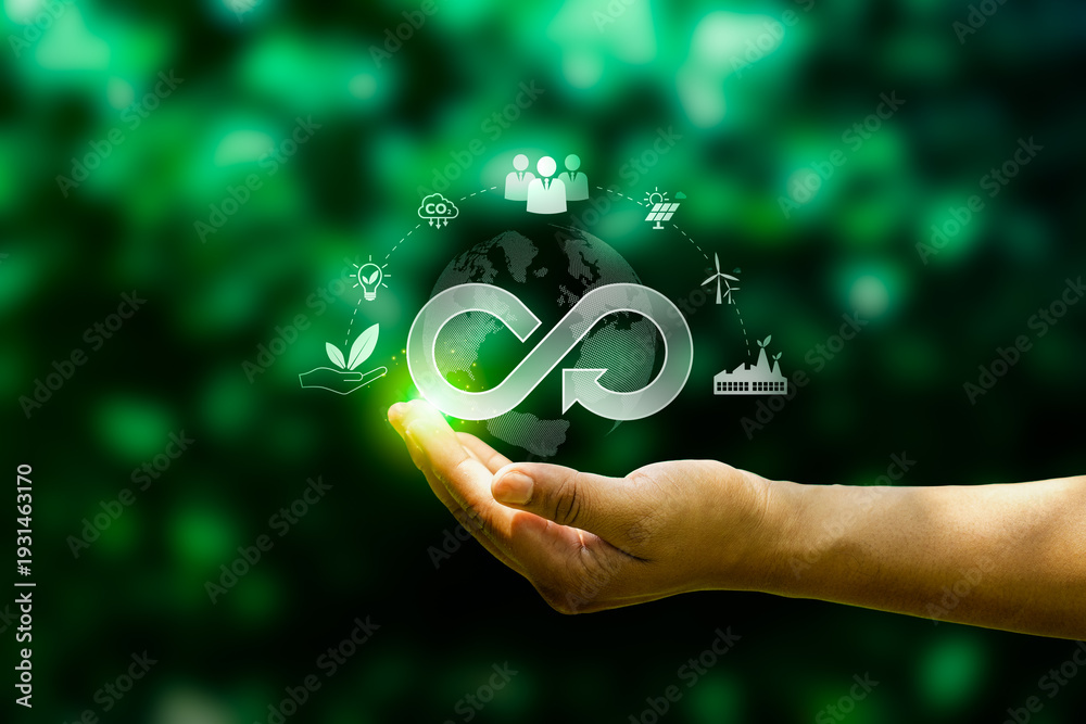 Ταπετσαρία Hand presenting circular infinity symbol over globe with sustainability icons, r