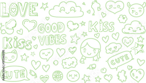 Cute Doodle Sticker Set with Love Hearts Clouds Good Vibes Kiss Text and Kawaii Cartoon Elements Outline Vector Collection