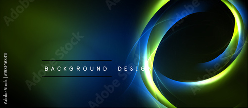 Dark background features vibrant swirling lines. Green, blue, yellow hues create dynamic visual effect. Text reads background design.