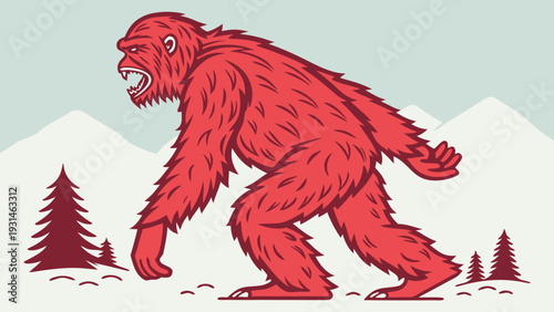 Bigfoot creature walking through a snowy mountain landscape.