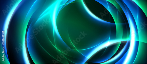 Abstract swirls, vibrant blues, greens create dynamic energy. Smooth curves suggest movement, depth within dark background.