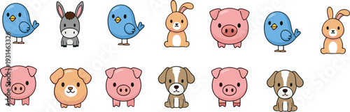 Cute Farm and Domestic Animal Cartoon Icon Set with Pig Dog Bunny Donkey and Bird Vector Illustration