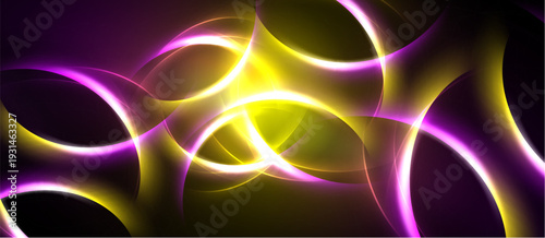 Abstract design features vibrant purple, yellow light curves. Dynamic energy radiates from central point, creating flowing patterns.