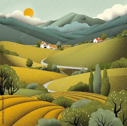 Fields rolling hills and mo...