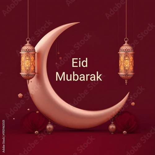 Festive Eid Mubarak invitation with a shimmering rose gold crescent moon and glowing lanterns on a deep red background