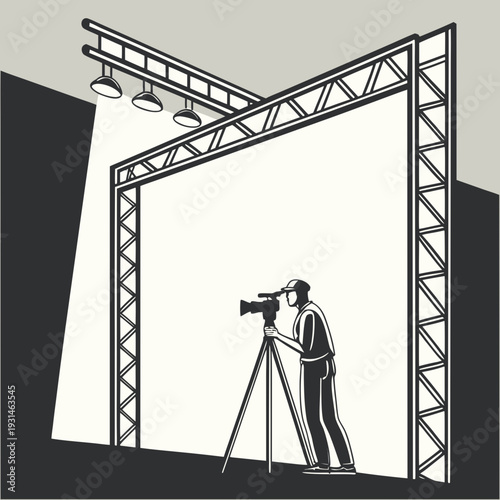 Cameraman filming on a movie set with professional lighting and truss structure.