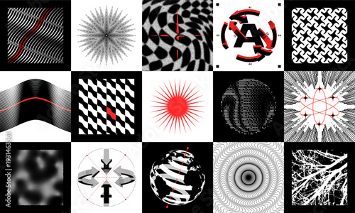 Brutalist square background set with abstract geometric and optical elements. Vector collection