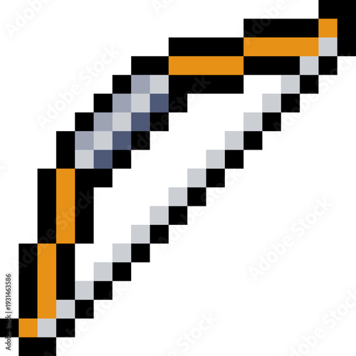 Pixel art bow and arrow icon in retro 8 bit style. Classic RPG ranged weapon item for combat and hunting. Video game asset isolated for UI, inventory systems and fantasy video game design.