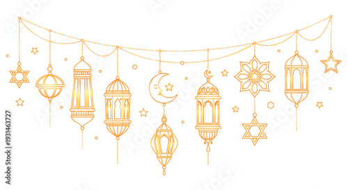 Golden ramadan lanterns and stars hanging on a string decoration