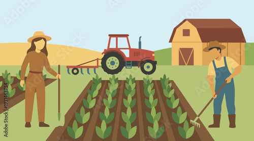 Farmers Cultivating Crops with Tractor and Barn on a Rural Field