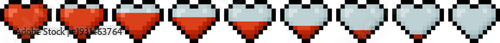 Pixel art heart icons health bar gauge video game asset UI retro 8 bit. Life progress indicator full and empty states for fantasy video game. Multiple fill levels HUD, RPG interface, status display