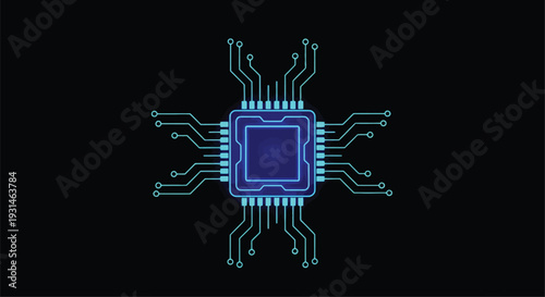 Abstract circuit board design with a central microchip on black background