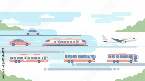 Diverse Transportation Methods Car Train Airplane and Buses.