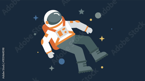 Minimalist Flat Design Illustration of Astronaut in Outer Space
