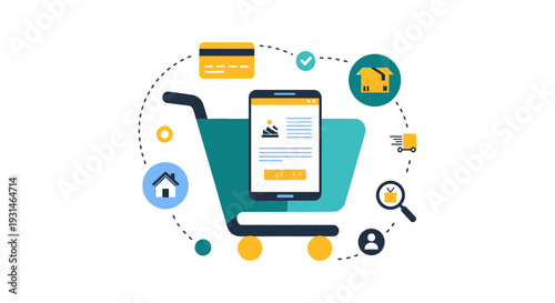 Mobile E-commerce Shopping Journey: Online Payment, Delivery, and Order Tracking with Shopping Cart - Vector Illustration