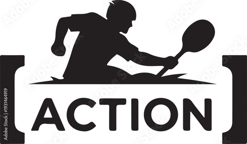 Black silhouette logo of an athlete playing pickleball or tennis with the word ACTION in brackets, isolated on a - stock vector.