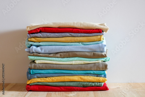 Canvas Print Stack Of Colorful Folded Clothes On Wooden Table Against Neutral Background, Org