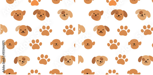 Cute puppy and paw print seamless pattern vector illustration with cartoon dog faces on light background