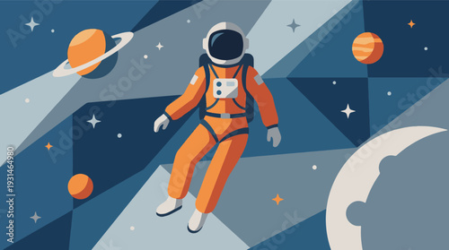 Astronaut floating in geometric space with planets and stars flat illustration