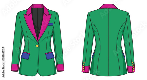 A vibrant green blazer with pink and blue accents front and back views
