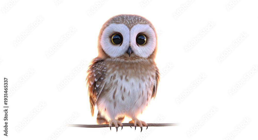 Obraz premium Adorable baby owl with big eyes perched on a branch.