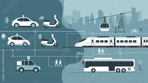Diverse Urban Transportation Network Autonomous Vehicles Scooters Train and Bus.