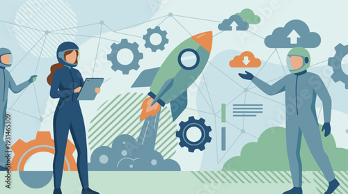 Technology team working on rocket launch with data and process icons