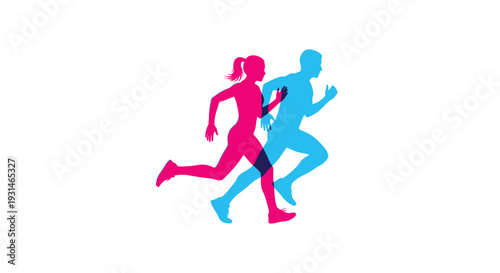 Silhouettes of a running man and woman in vibrant pink and blue tones
