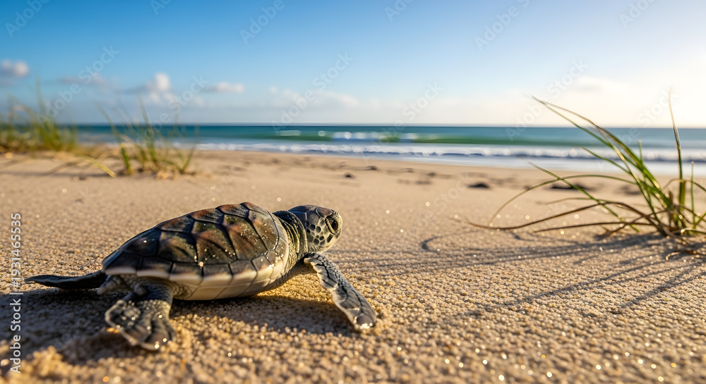 Obraz premium Tiny sea turtle hatchling making its way to the ocean.