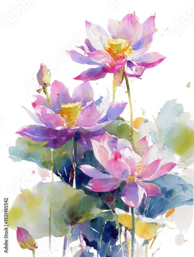 Watercolor pink lotus flowers with green leaves and buds isolated on white background