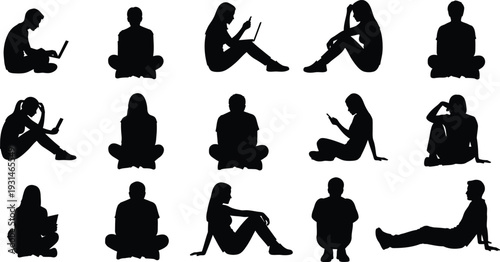 Yoga poses silhouette illustration featuring various black silhouettes in different positions
