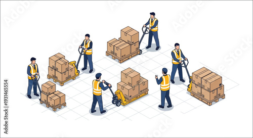 Isometric illustration of workers managing and transporting cardboard boxes