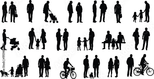 Collection of various human silhouettes with animals and bicycles silhouette